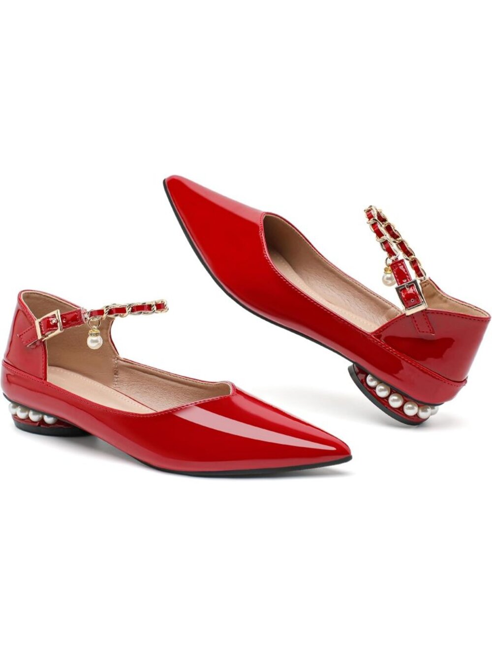 Women's Red Rhinestone Pointed Toe Non Slip Comfort Breathable Mary Jane Flats - Picture 3 of 5